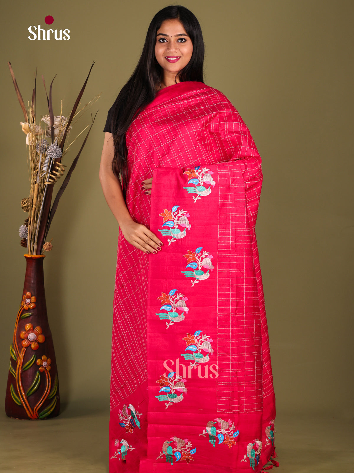 Red - Semi Rawsilk Saree - Shop on Shrus.com