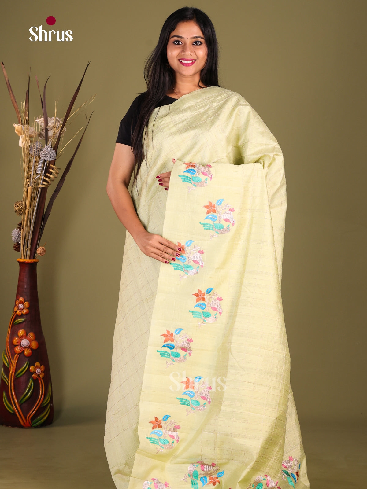 Pista Green  - Semi Rawsilk Saree - Shop on Shrus.com