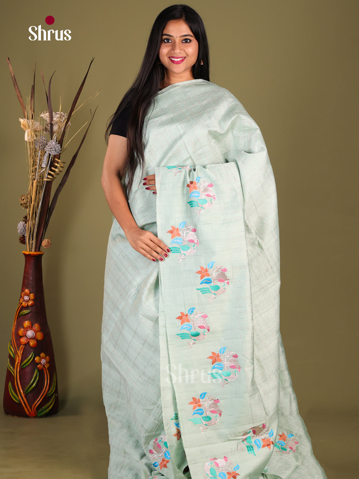 Ice Green - Semi Rawsilk Saree - Shop on Shrus.com