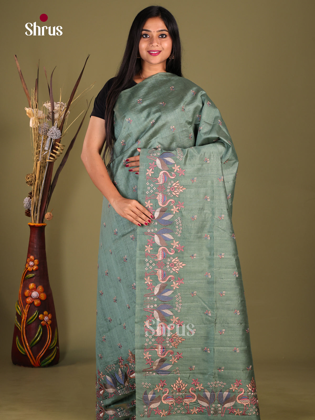 Green- Semi Rawsilk Saree - Shop on Shrus.com