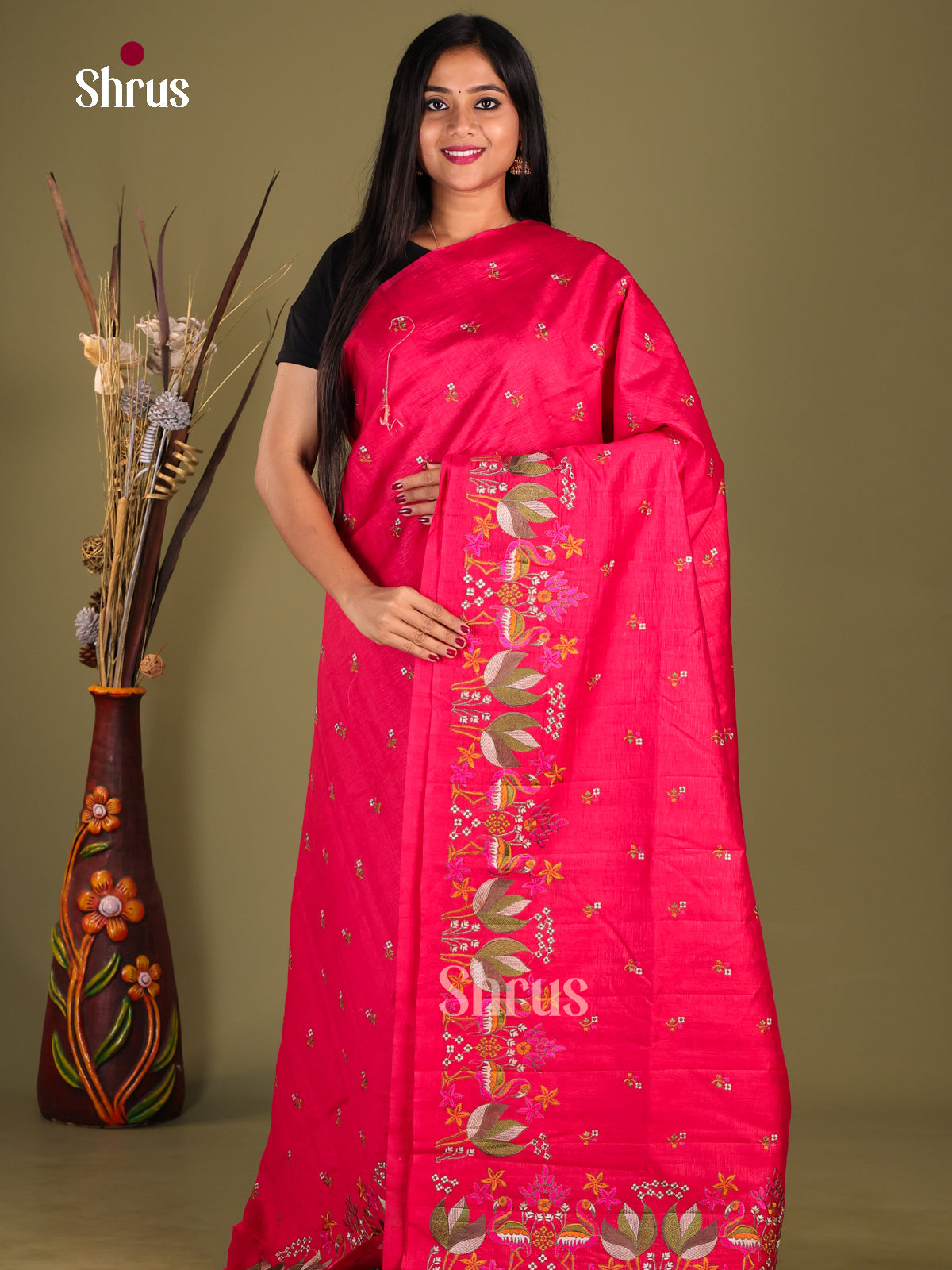Reddish Pink - Semi Rawsilk Saree - Shop on Shrus.com