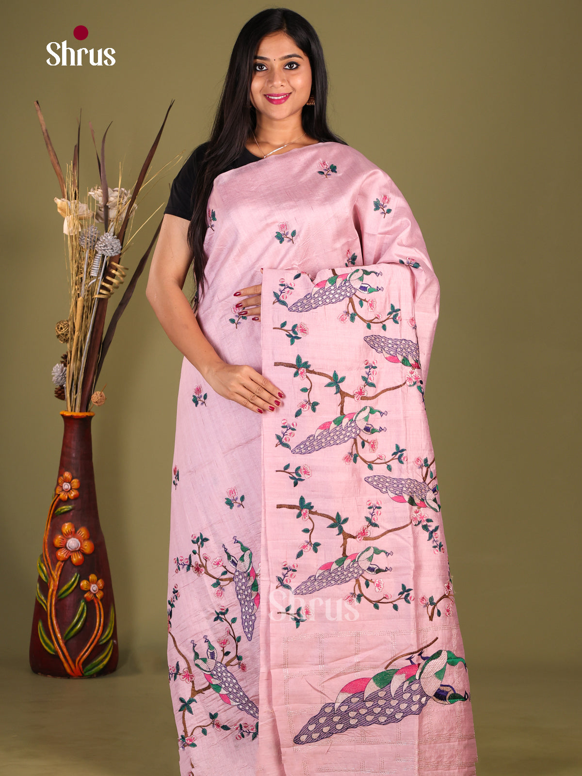 Pink - Semi Rawsilk Saree - Shop on Shrus.com