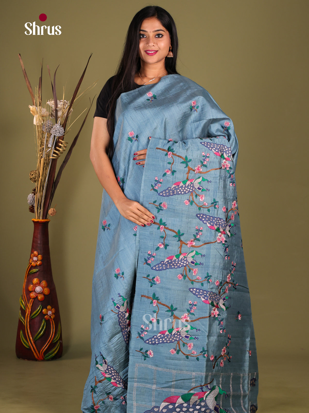Powder Blue - Semi Rawsilk Saree - Shop on Shrus.com