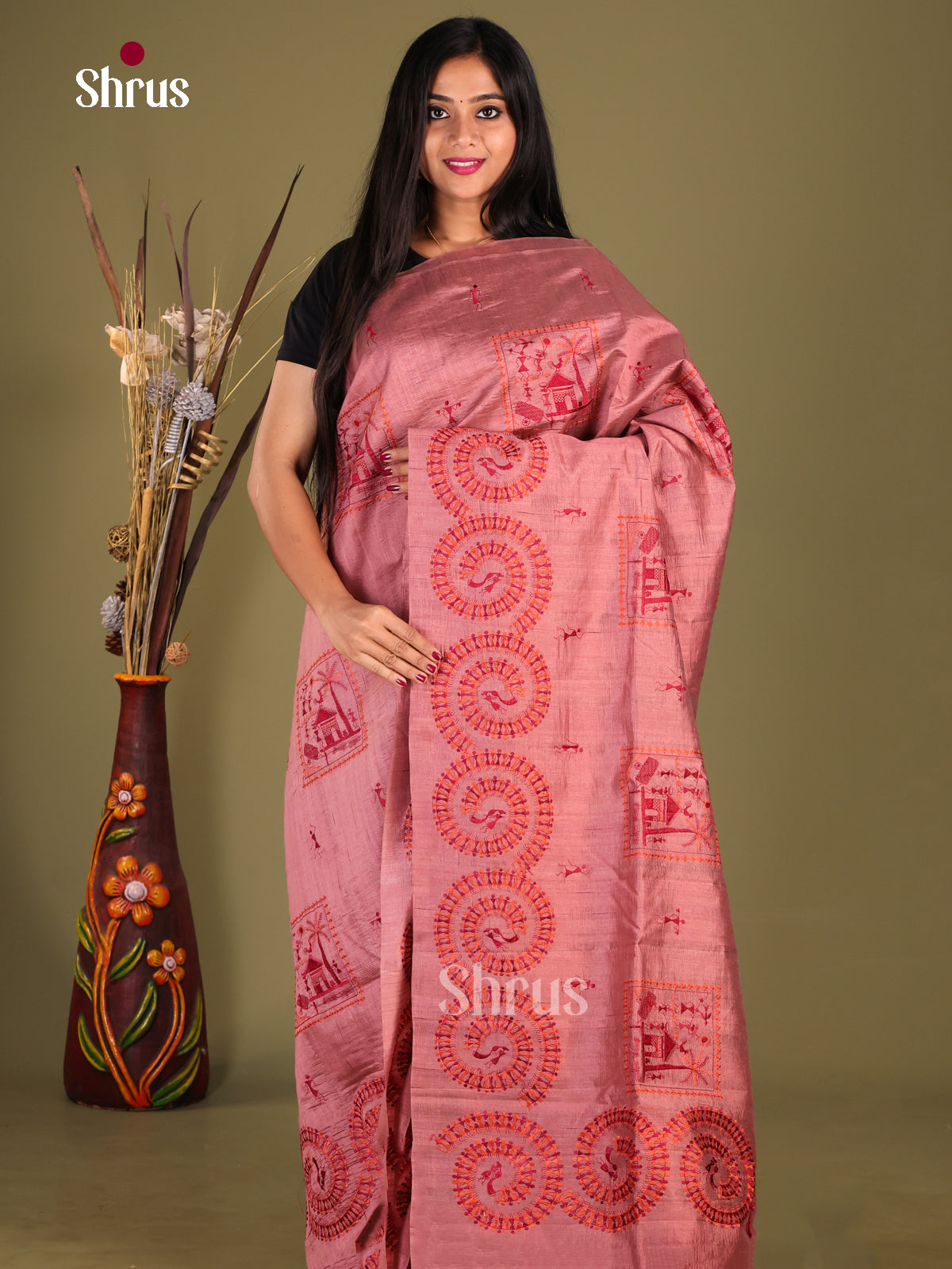 Dusty Brown- Semi Rawsilk Saree - Shop on Shrus.com