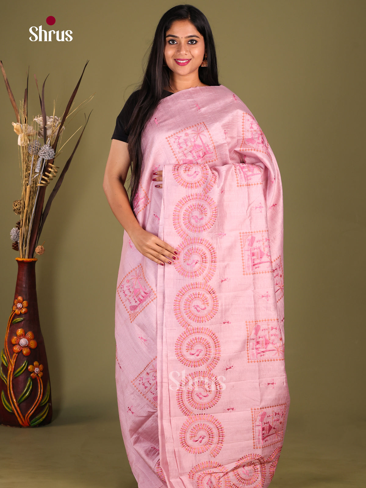 Pink- Semi Rawsilk Saree - Shop on Shrus.com