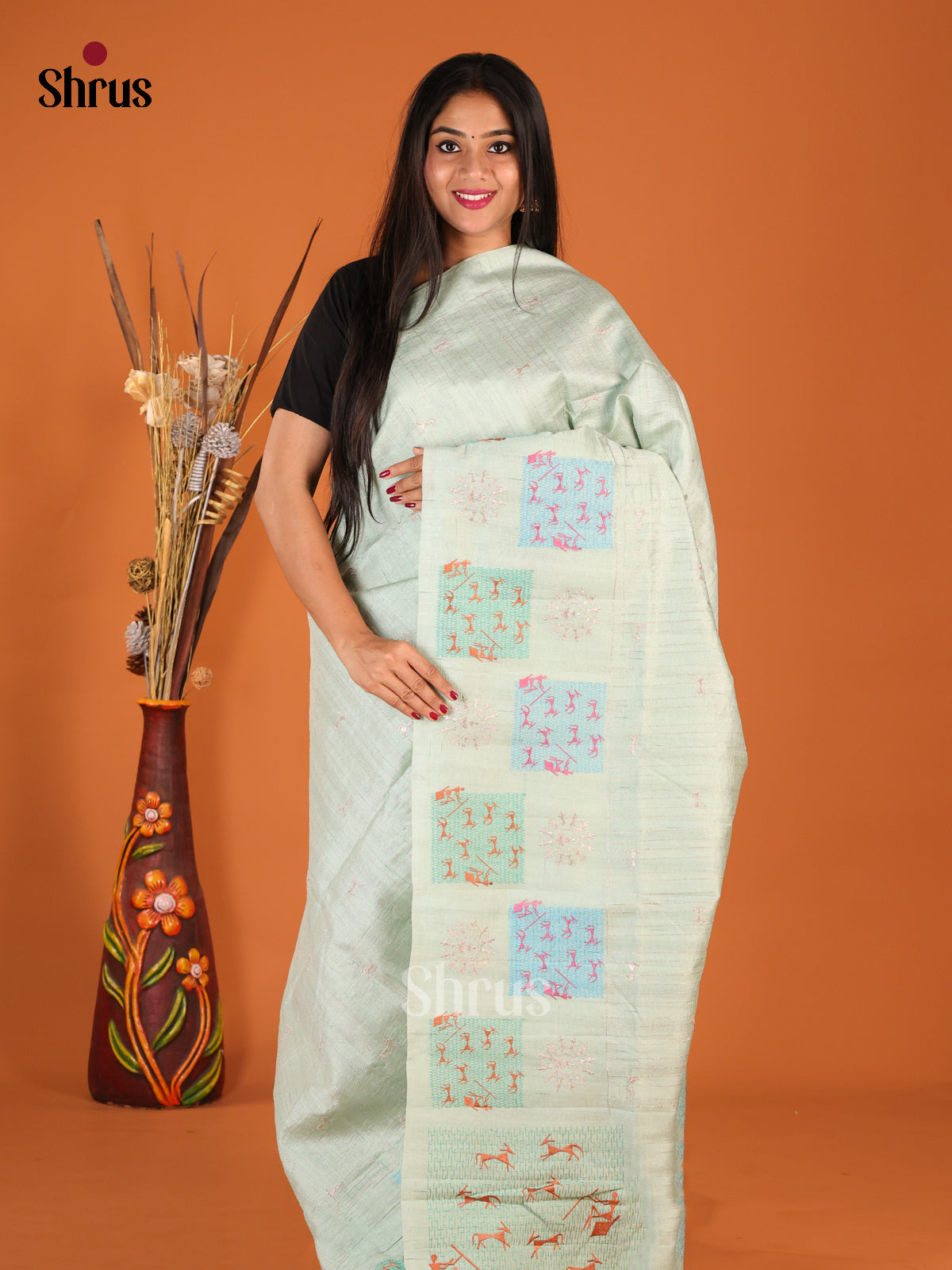 Pastel Green - Semi Rawsilk Saree - Shop on Shrus.com