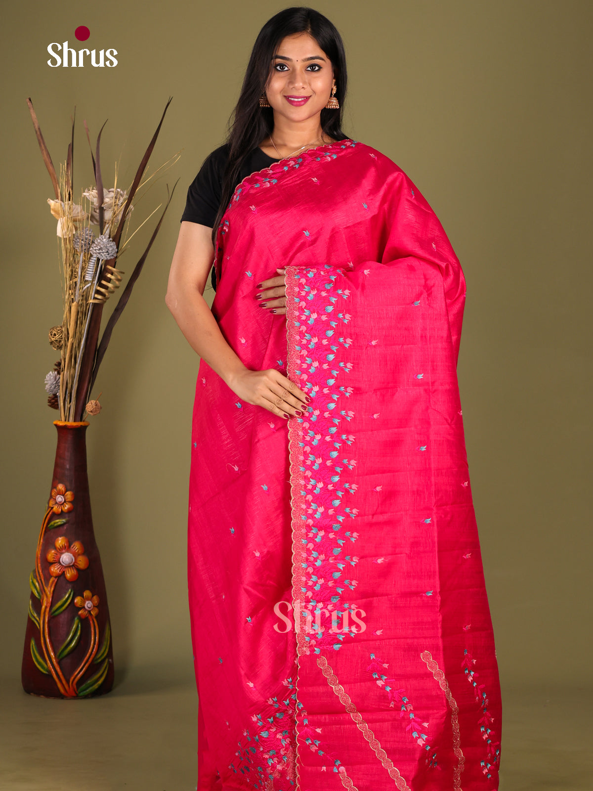 Reddish Pink - Semi Rawsilk Saree - Shop on Shrus.com