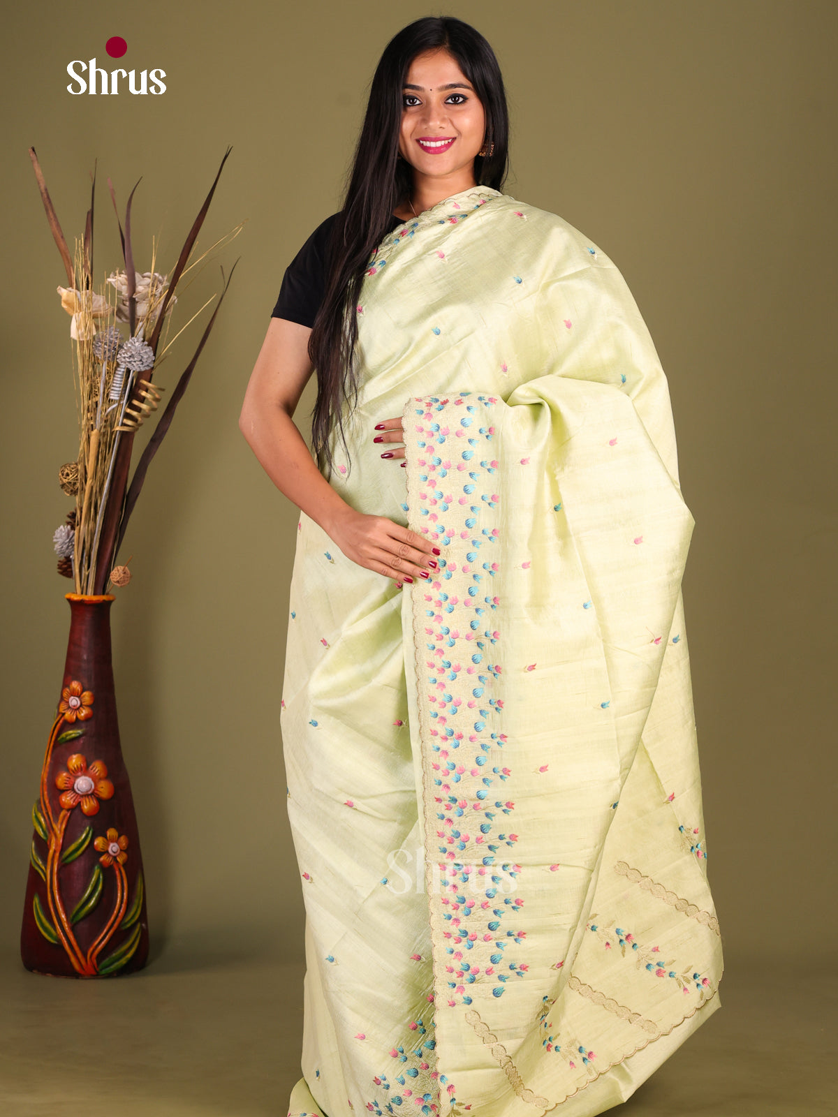 Pista Green - Semi Rawsilk Saree - Shop on Shrus.com