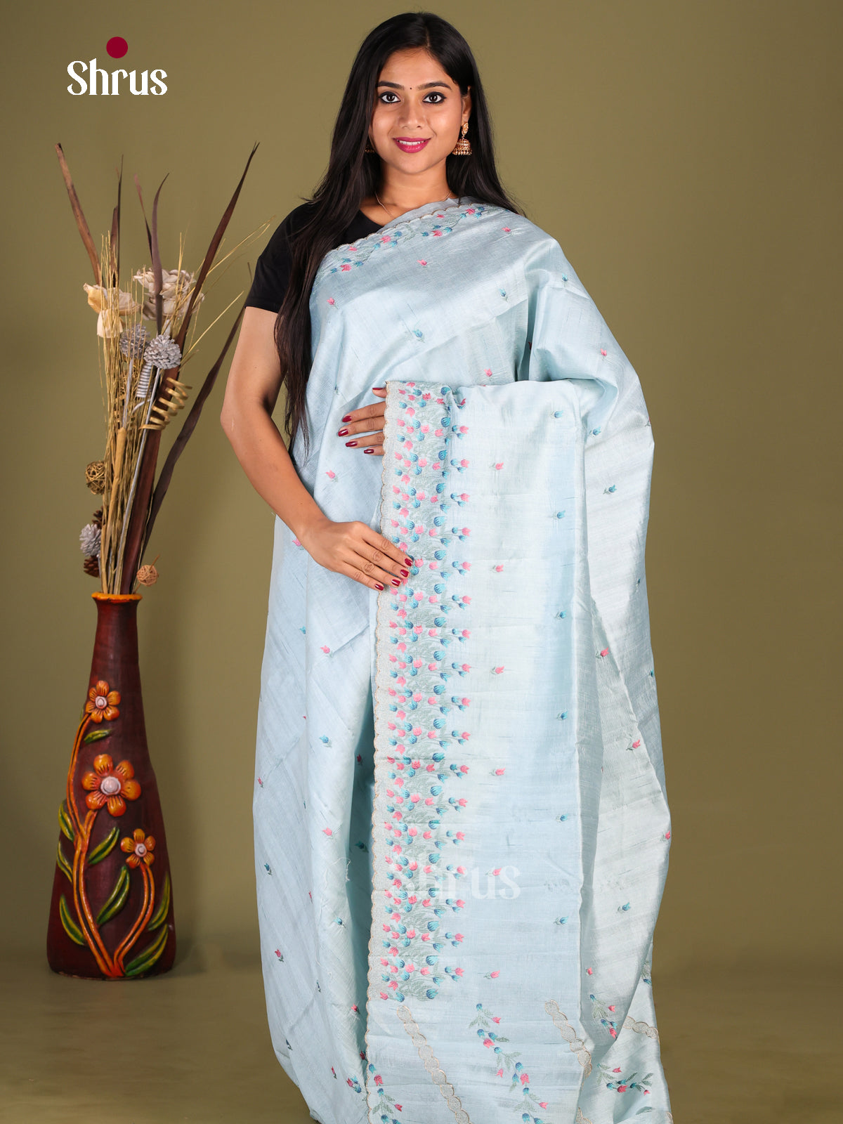 Ice Blue - Semi Rawsilk Saree - Shop on Shrus.com