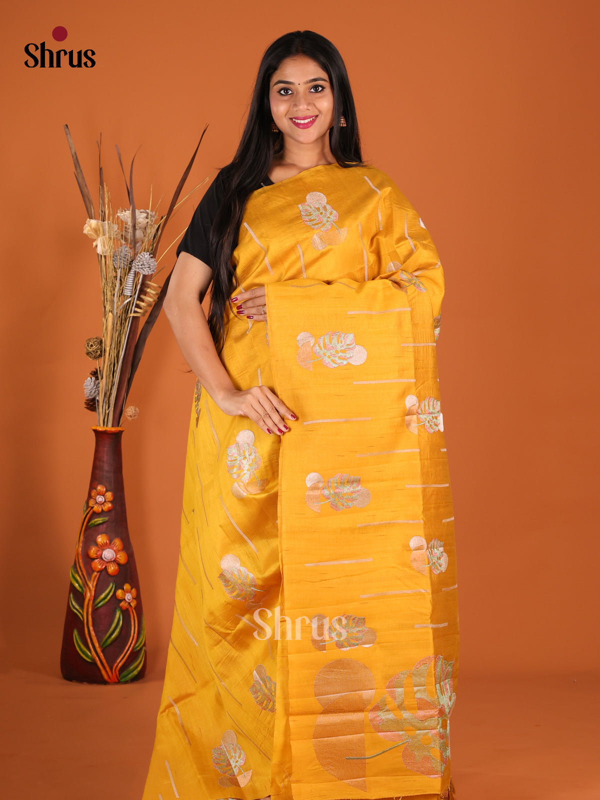 Yellow - Semi Rawsilk Saree - Shop on Shrus.com