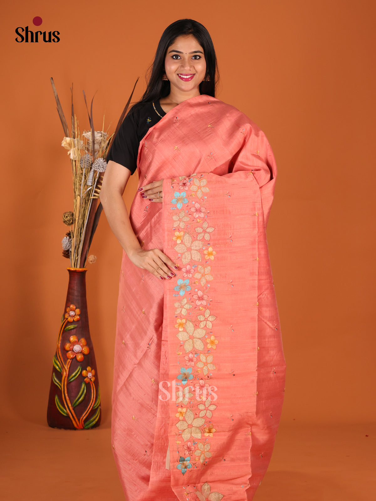 Peachish Pink - Semi Rawsilk Saree - Shop on Shrus.com