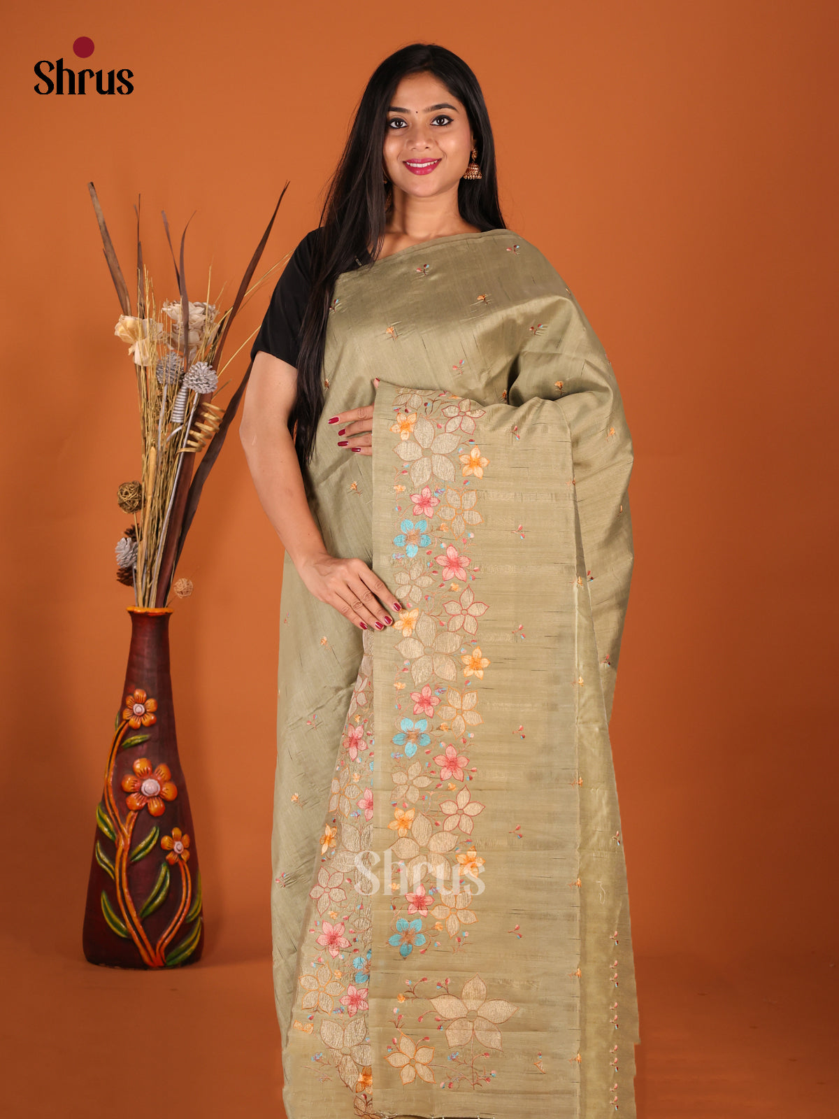 Gold - Semi Rawsilk Saree - Shop on Shrus.com