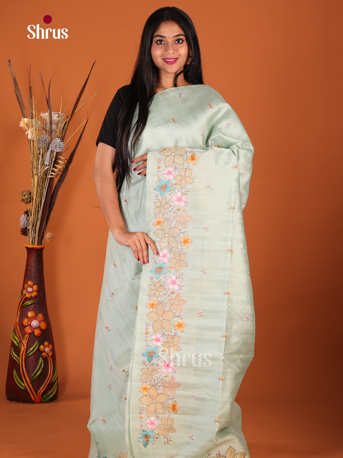 Ice Green - Semi Rawsilk Saree - Shop on Shrus.com