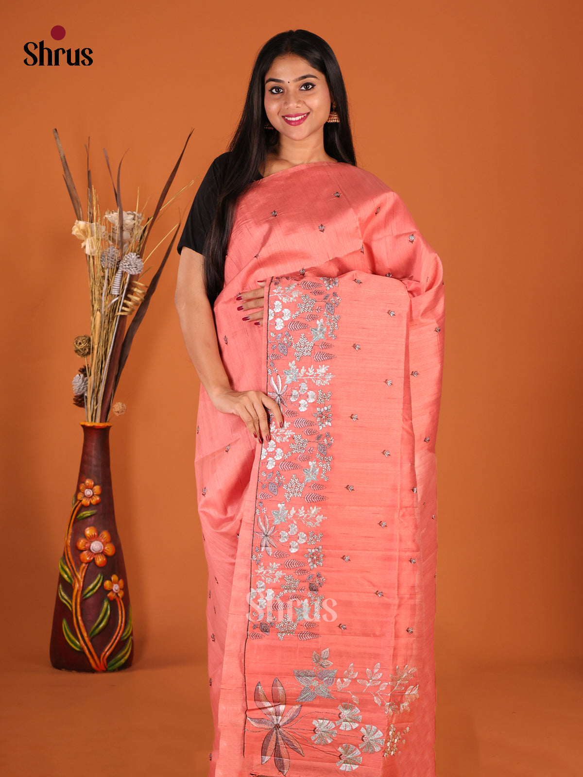 Peachish Pink - Semi Rawsilk Saree - Shop on Shrus.com