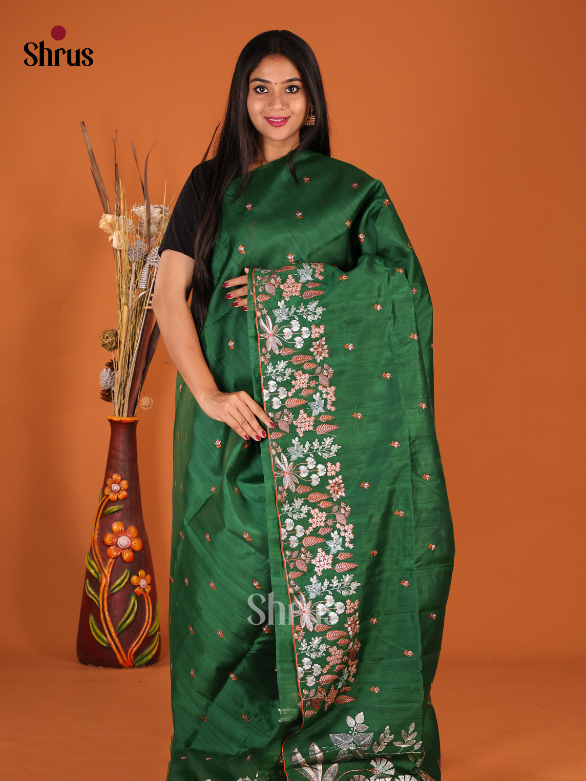 Green - Semi Rawsilk Saree - Shop on Shrus.com