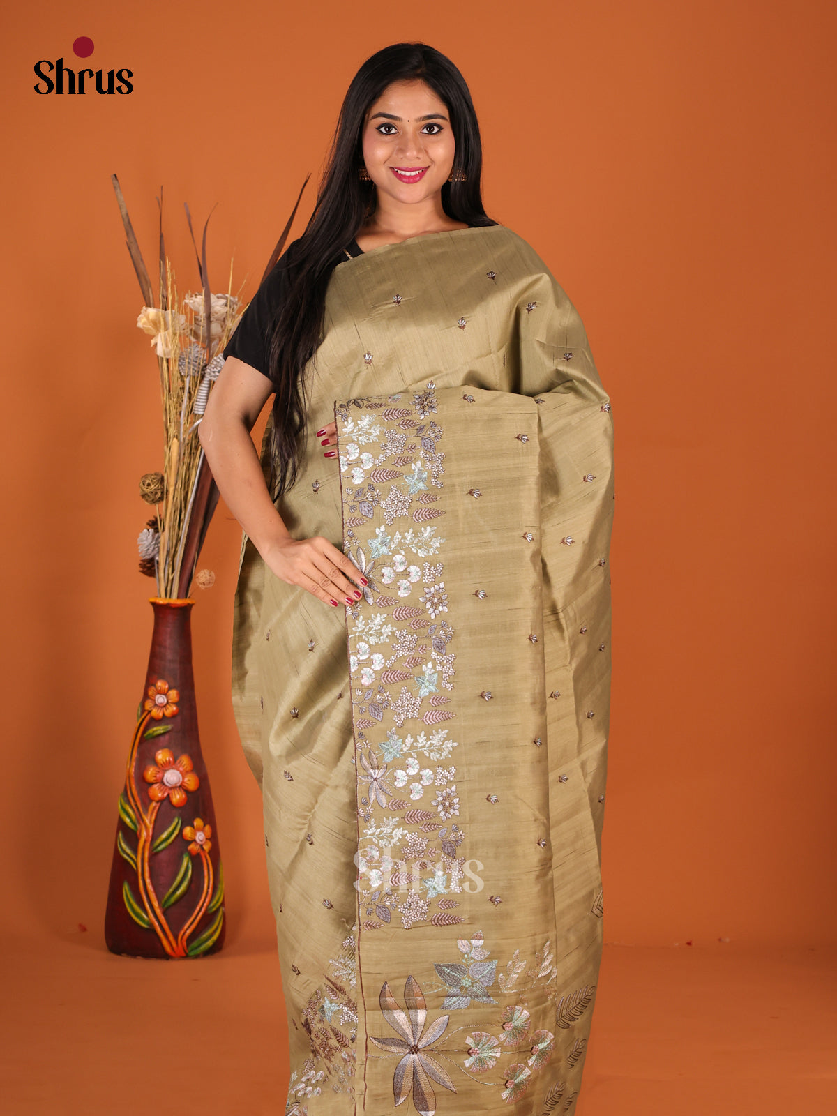 Gold - Semi Rawsilk Saree - Shop on Shrus.com