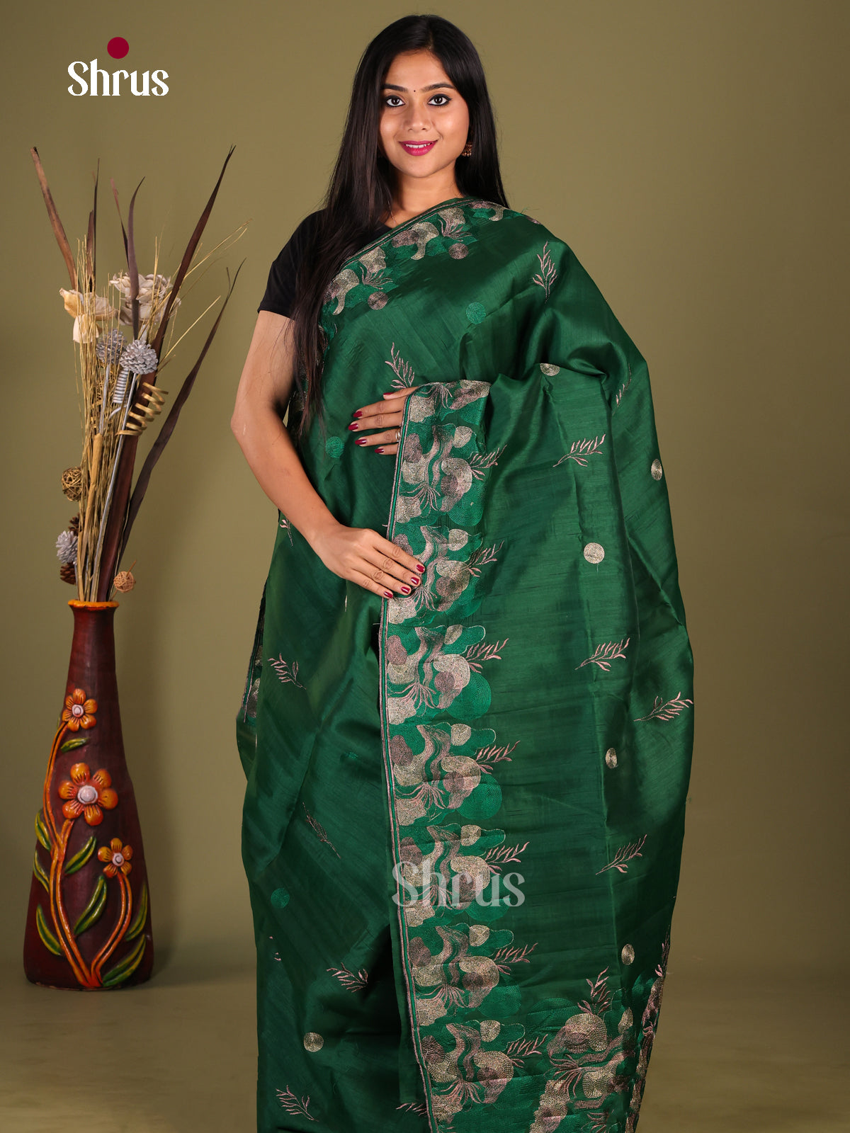Green - Semi Rawsilk Saree - Shop on Shrus.com