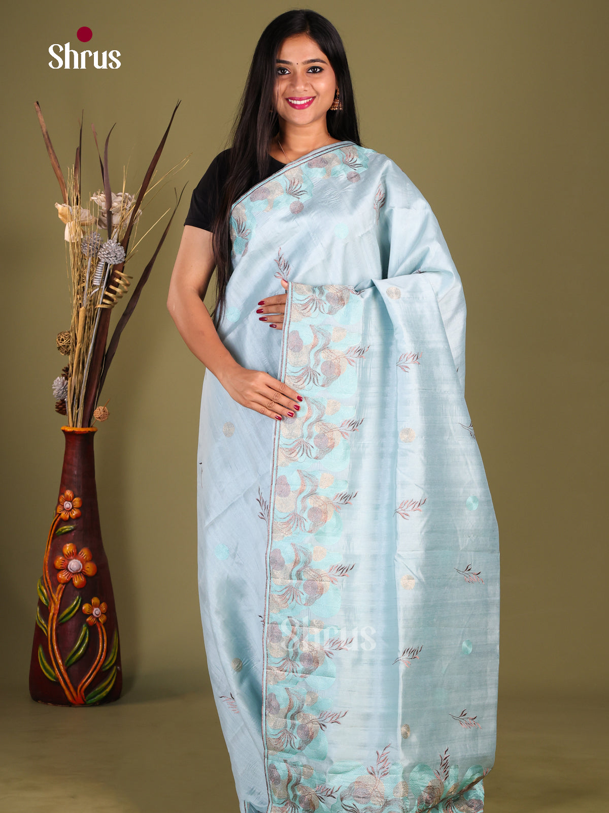 Pastel Blue- Semi Rawsilk Saree - Shop on Shrus.com