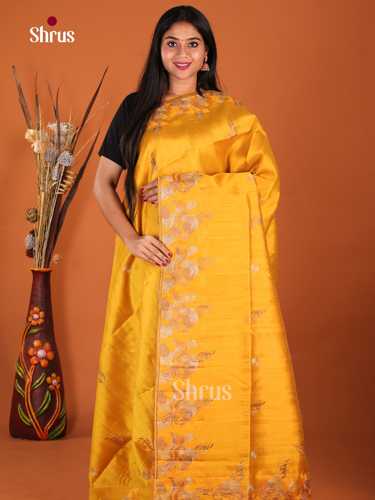 Mustard - Semi Rawsilk Saree - Shop on Shrus.com