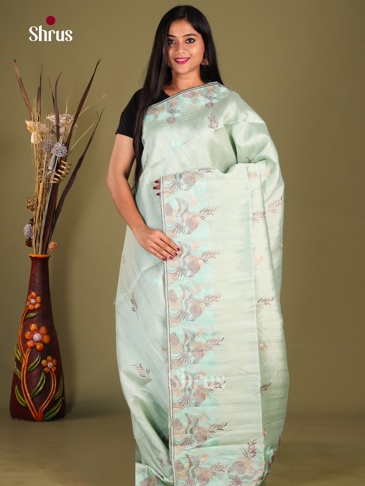 Ice Green- Semi Rawsilk Saree - Shop on Shrus.com