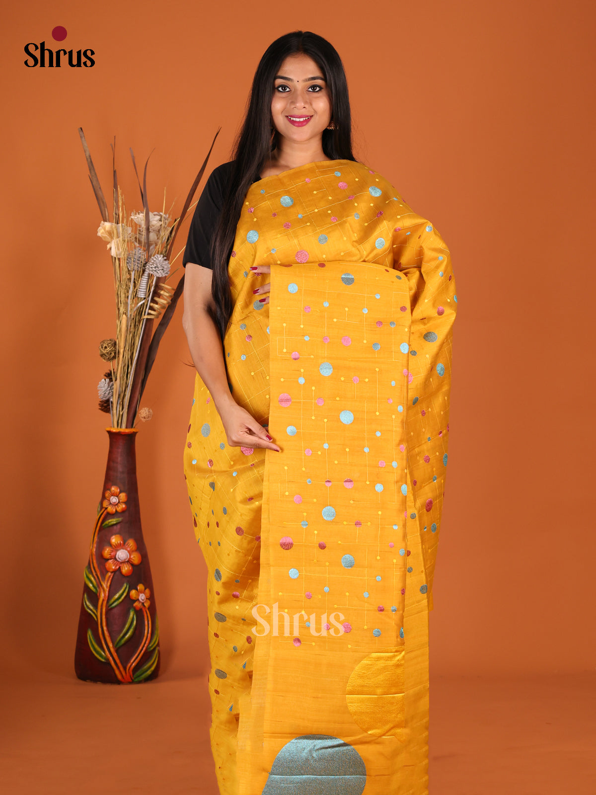 Yellow- Semi Rawsilk Saree - Shop on Shrus.com