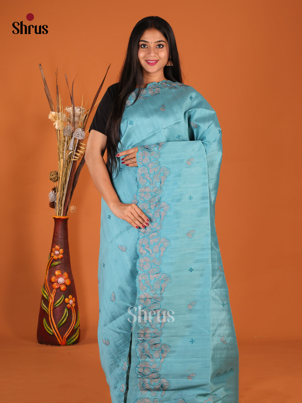Pastel Blue - Semi Rawsilk Saree - Shop on Shrus.com