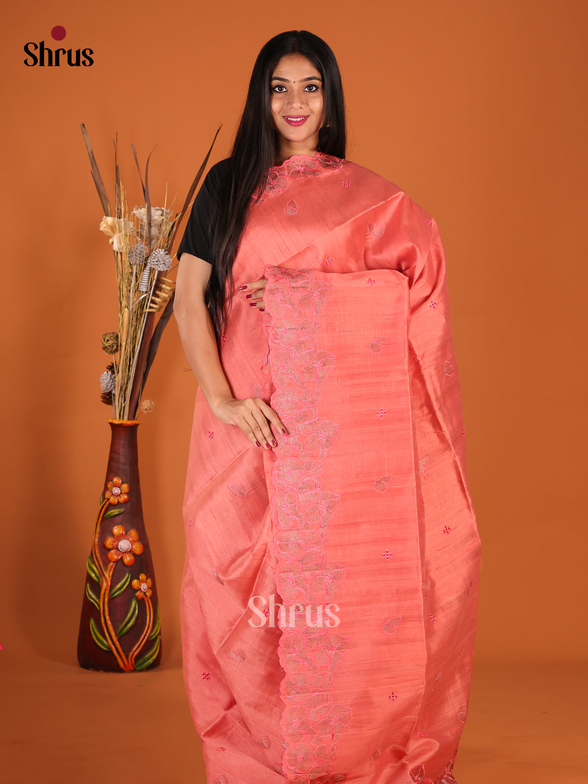 Peachish Pink - Semi Rawsilk Saree - Shop on Shrus.com
