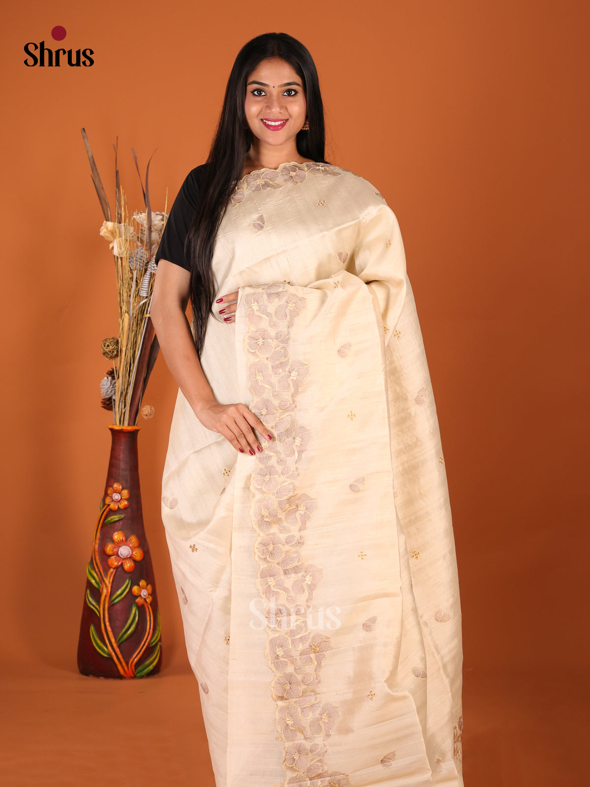 Cream - Semi Rawsilk Saree - Shop on Shrus.com