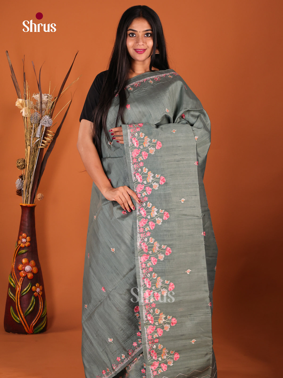 Grey - Semi Rawsilk Saree - Shop on Shrus.com