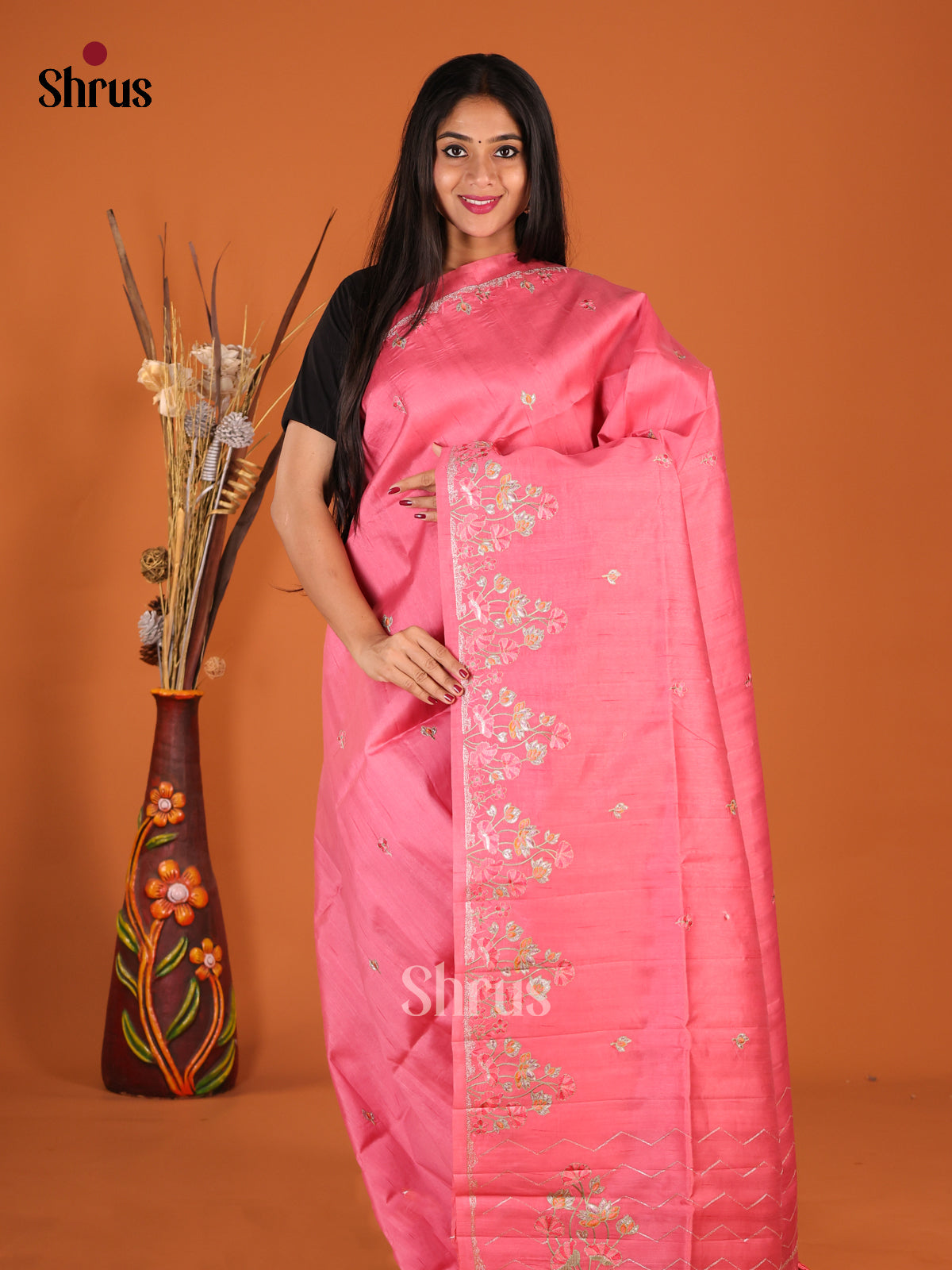 Pink - Semi Rawsilk Saree - Shop on Shrus.com