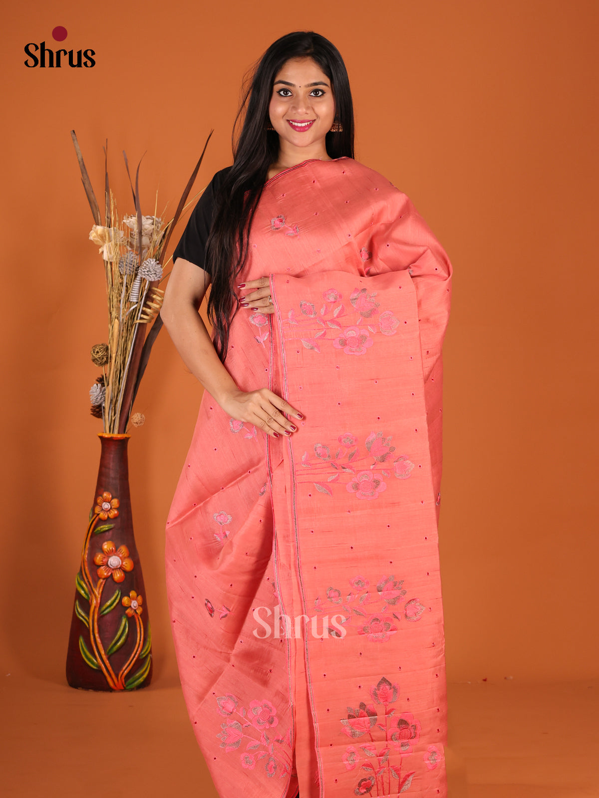 Peachish Pink - Semi Rawsilk Saree - Shop on Shrus.com