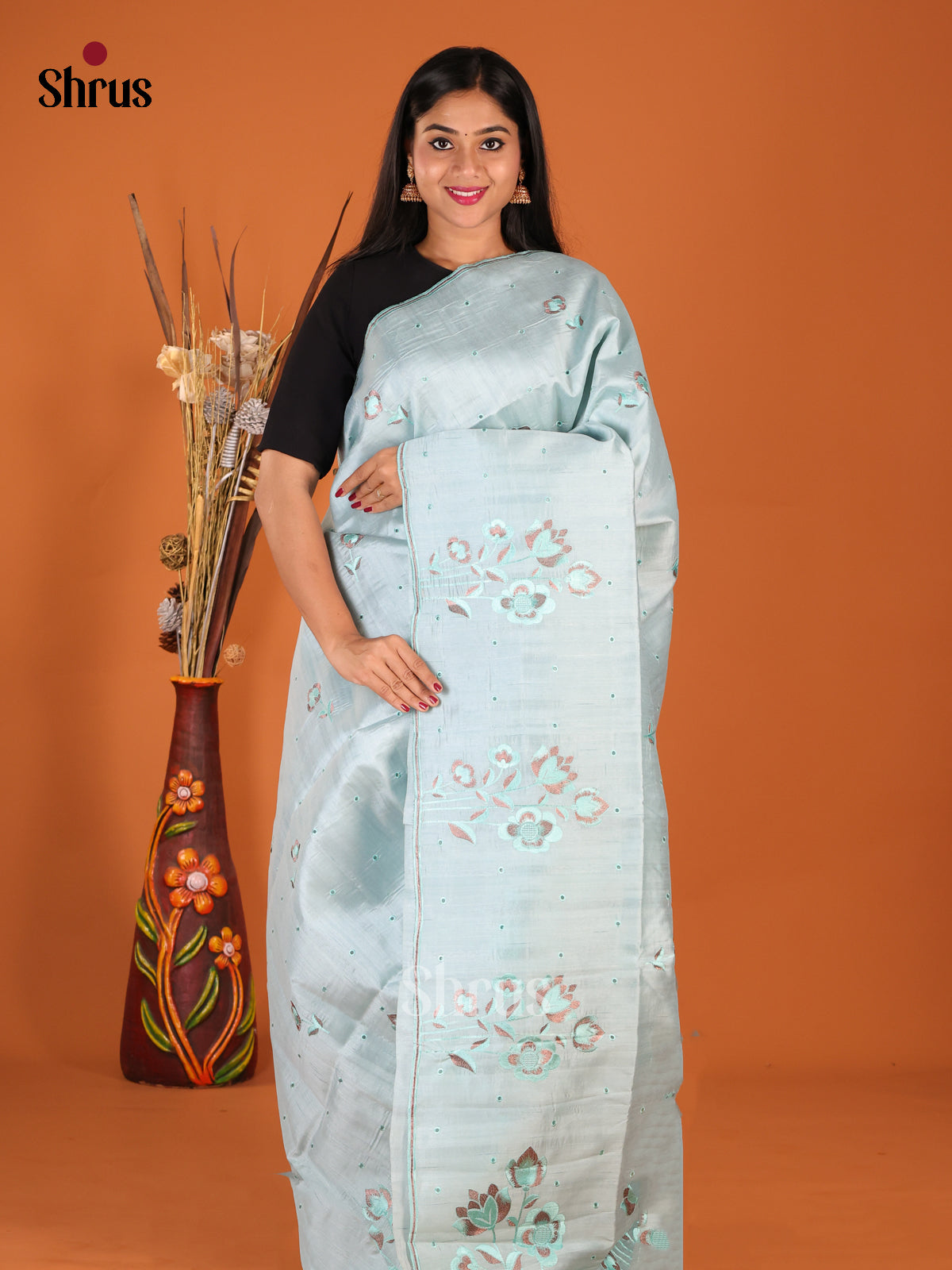 Pastel Blue- Semi Rawsilk Saree - Shop on Shrus.com
