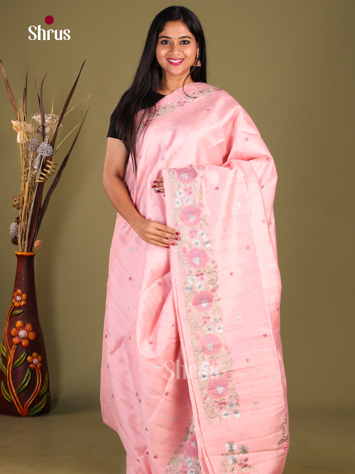 Pink- Semi Rawsilk Saree - Shop on Shrus.com