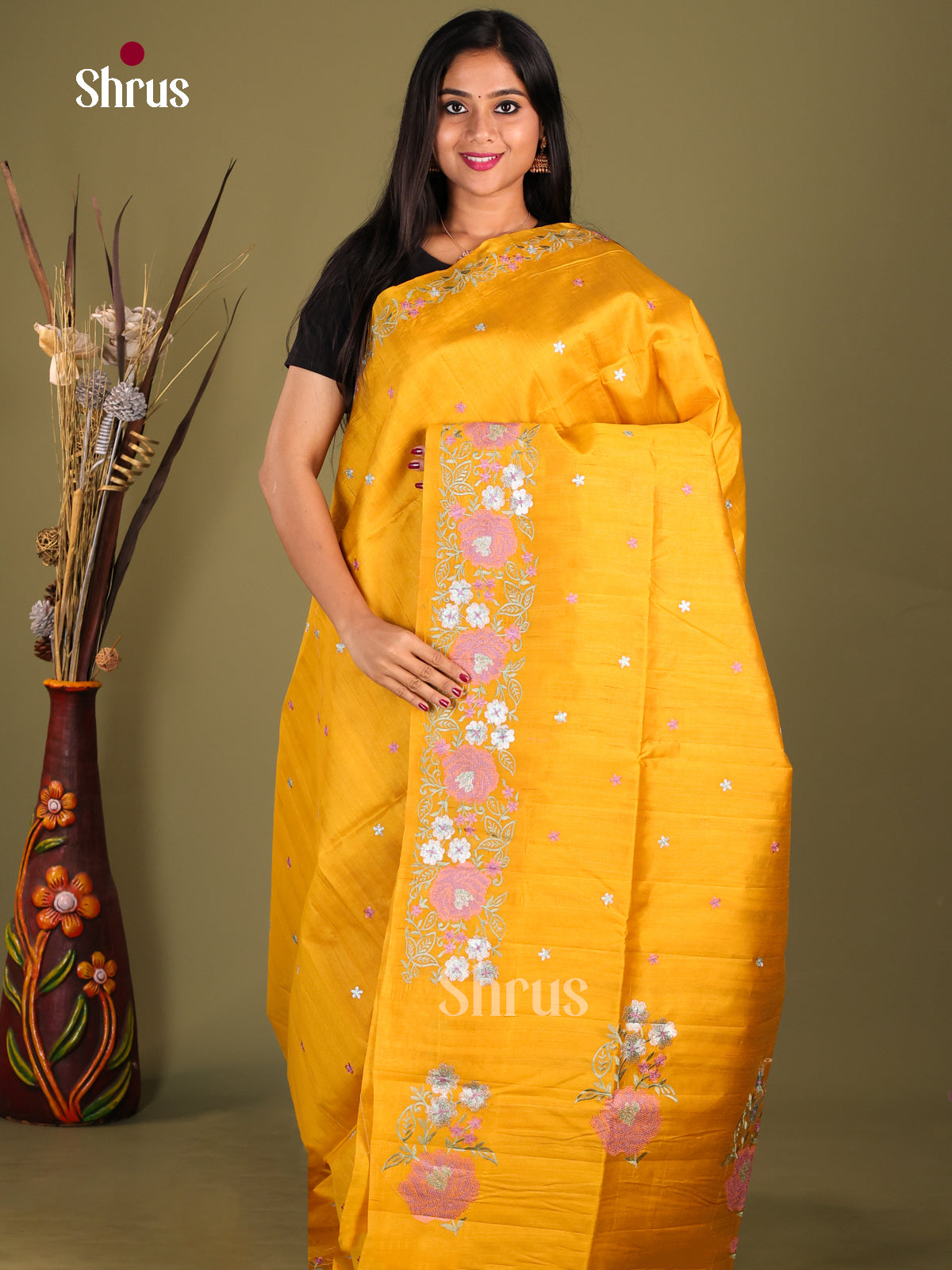 Mustard - Semi Rawsilk Saree - Shop on Shrus.com