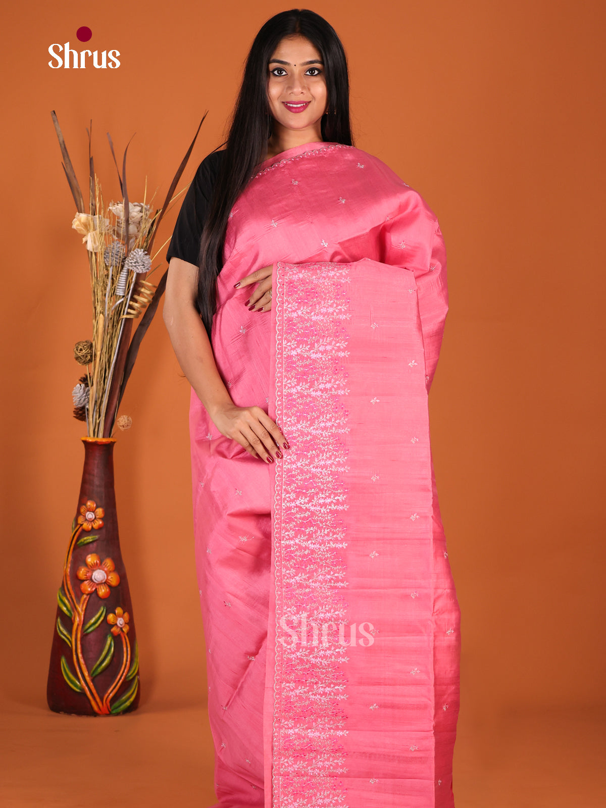 Pink - Semi Rawsilk Saree - Shop on Shrus.com