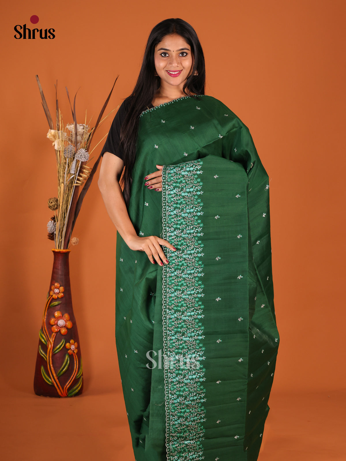 Green - Semi Rawsilk Saree - Shop on Shrus.com