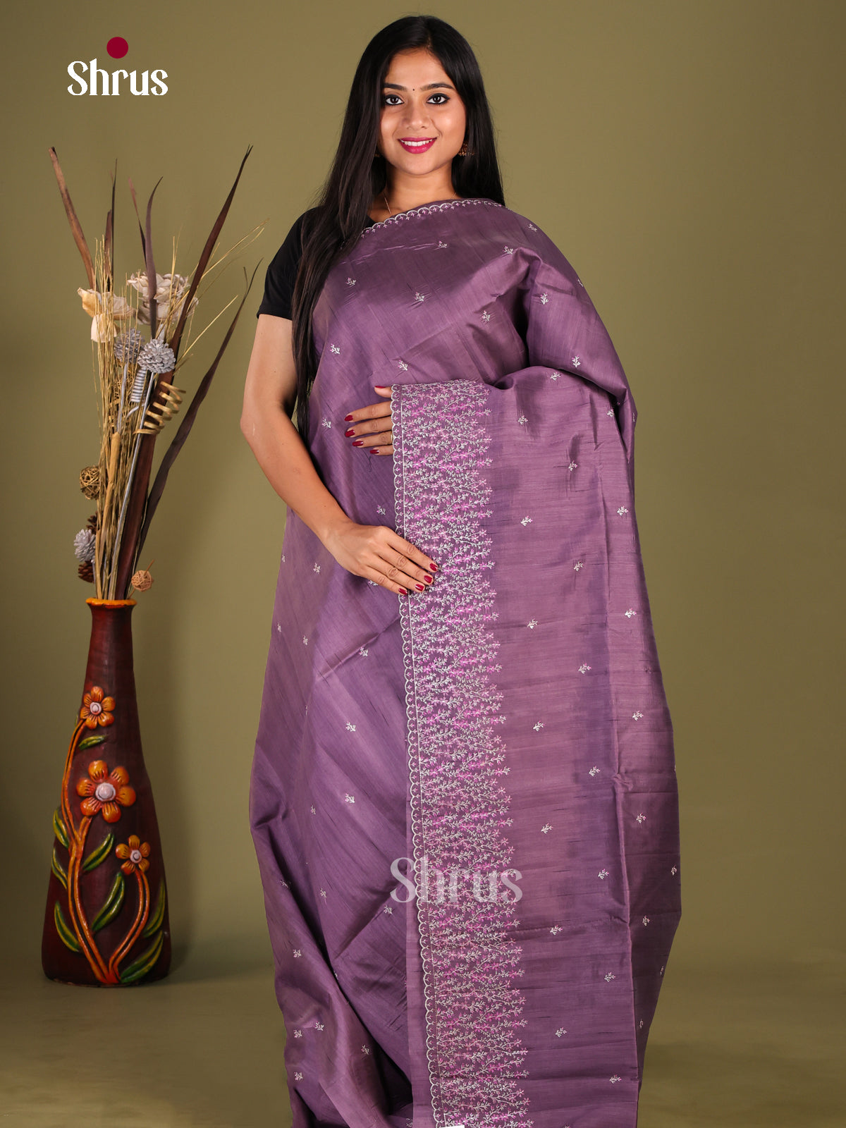 Dark Purple - Semi Rawsilk Saree - Shop on Shrus.com