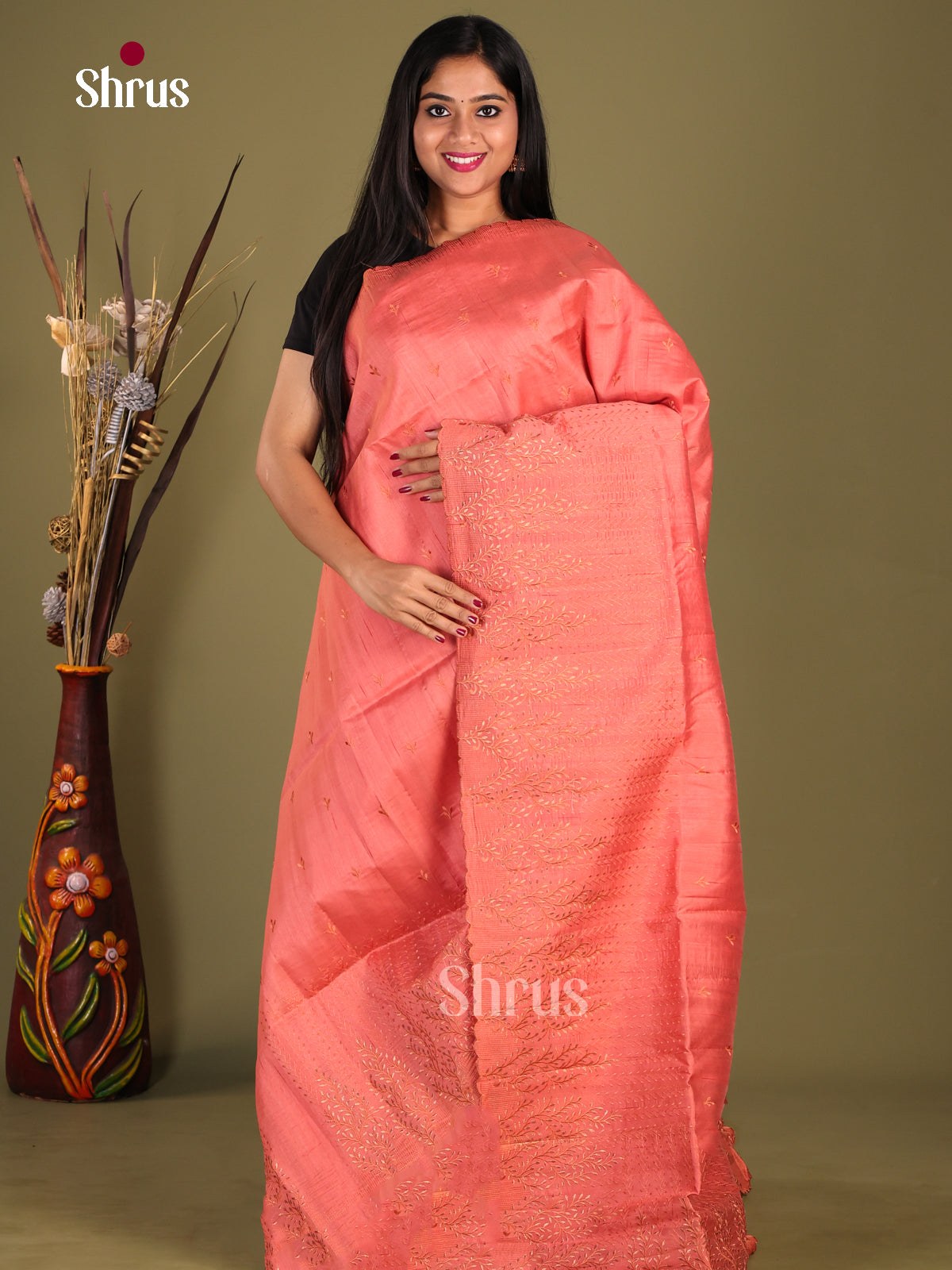 Peachish Pink - Semi Rawsilk Saree - Shop on Shrus.com