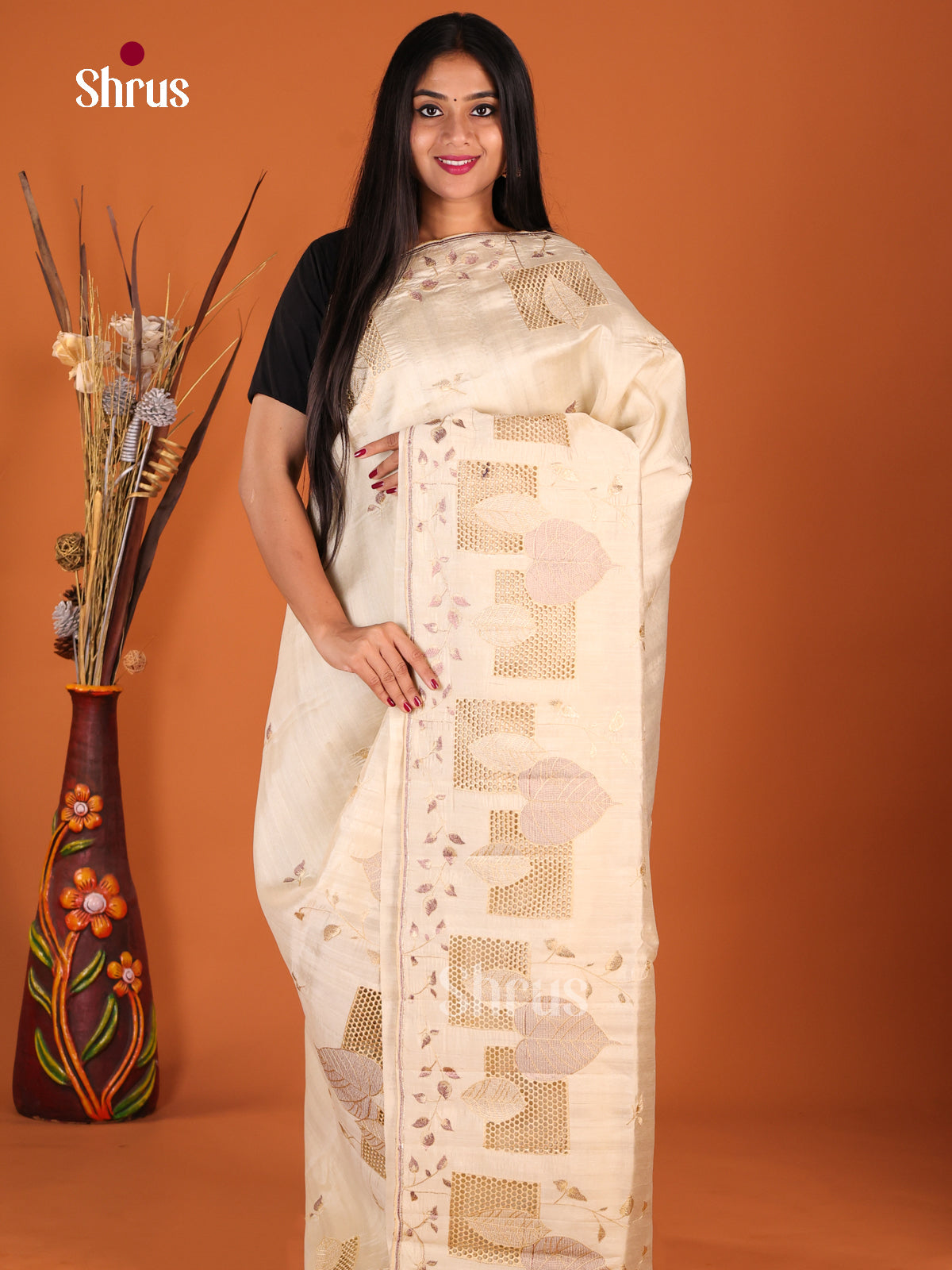 Cream - Semi Rawsilk Saree - Shop on Shrus.com