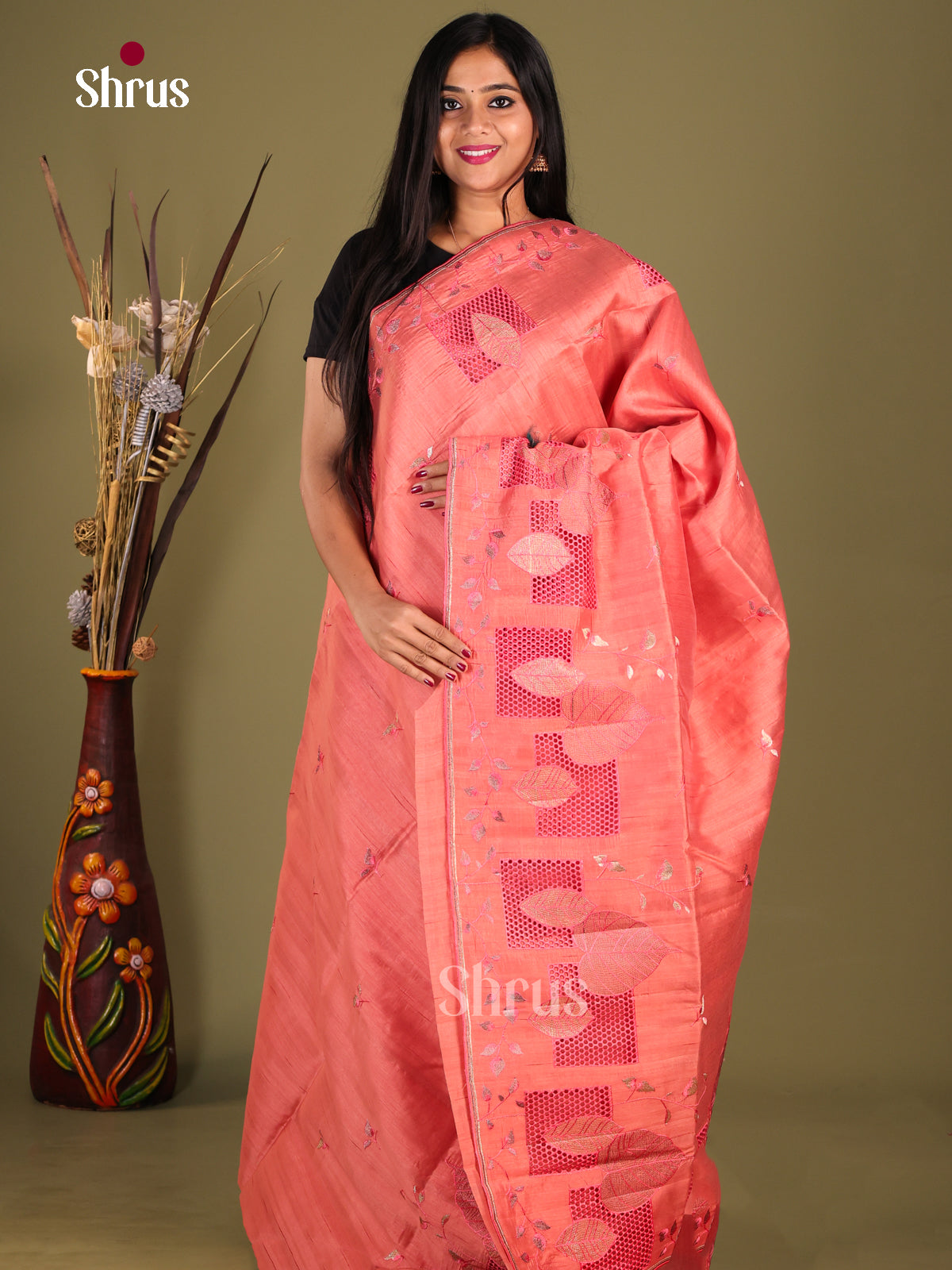 Peachish Pink- Semi Rawsilk Saree - Shop on Shrus.com