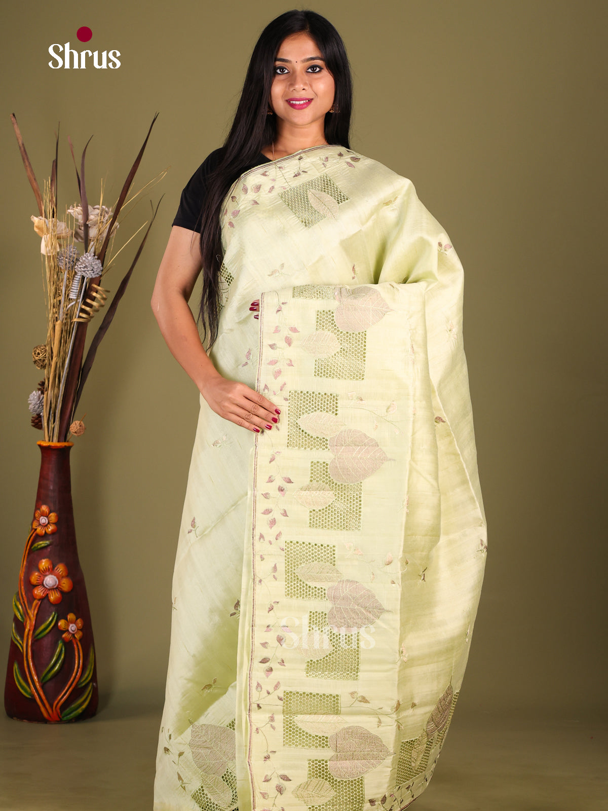Pastel Green - Semi Rawsilk Saree - Shop on Shrus.com