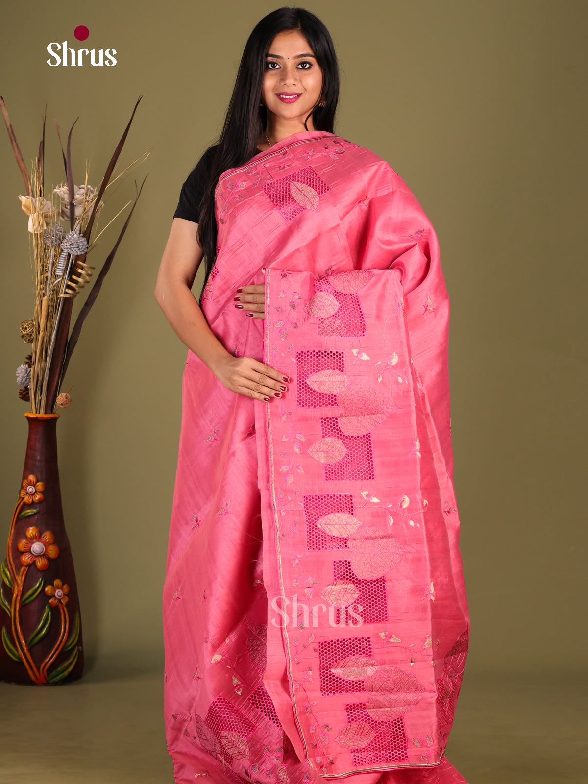 Pink - Semi Rawsilk Saree - Shop on Shrus.com