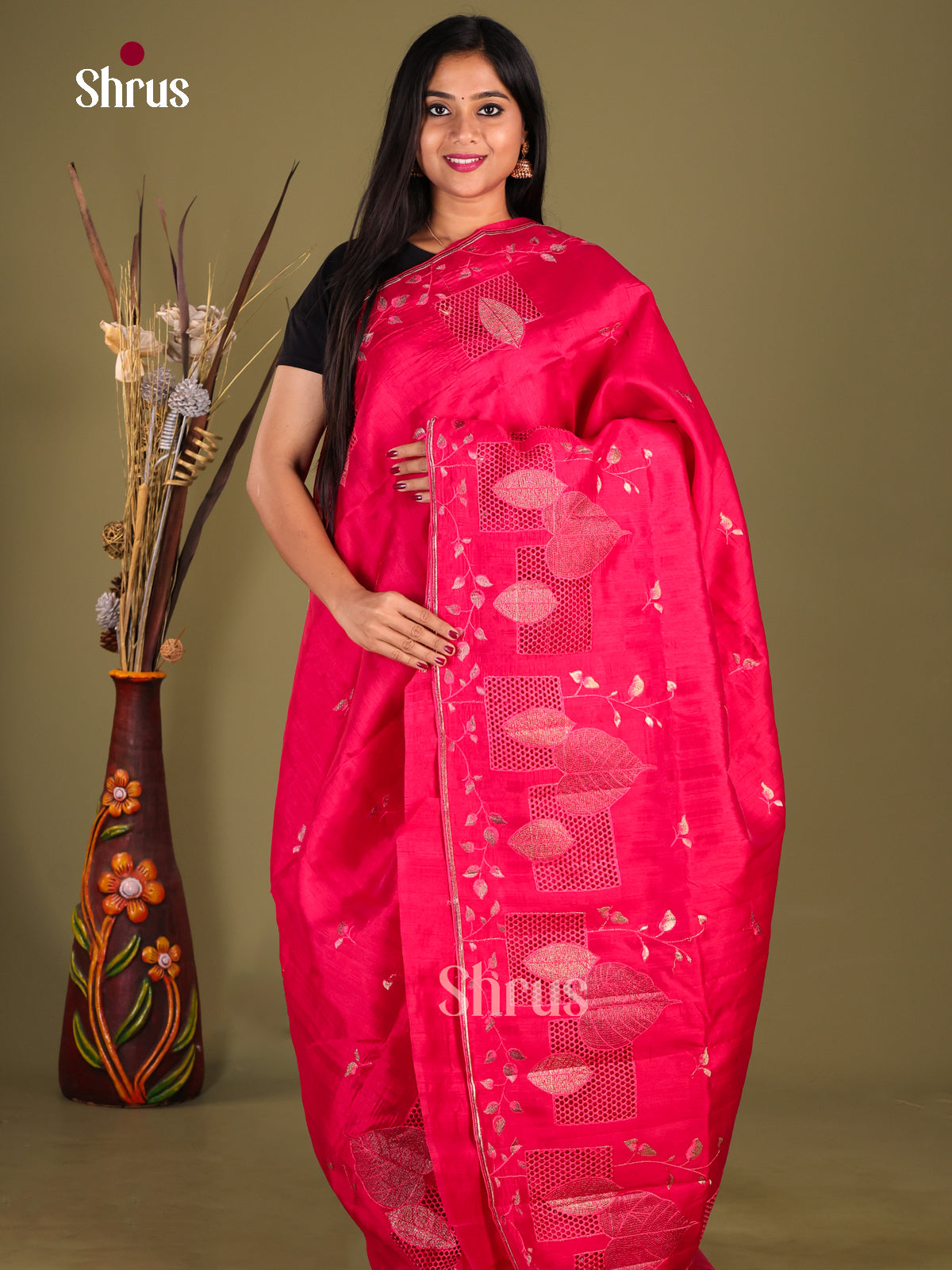 Red - Semi Rawsilk Saree - Shop on Shrus.com