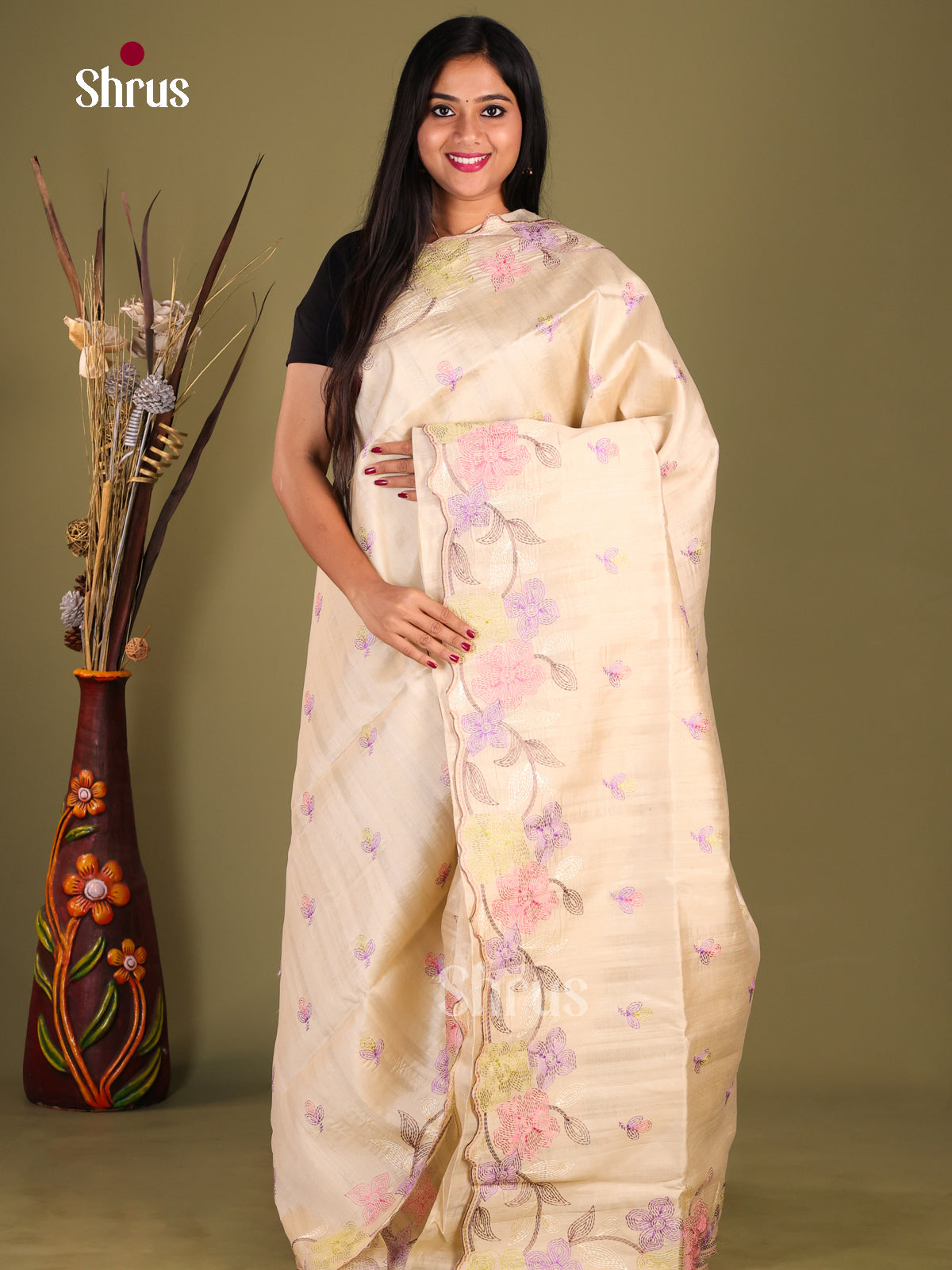 Cream - Semi Rawsilk Saree - Shop on Shrus.com