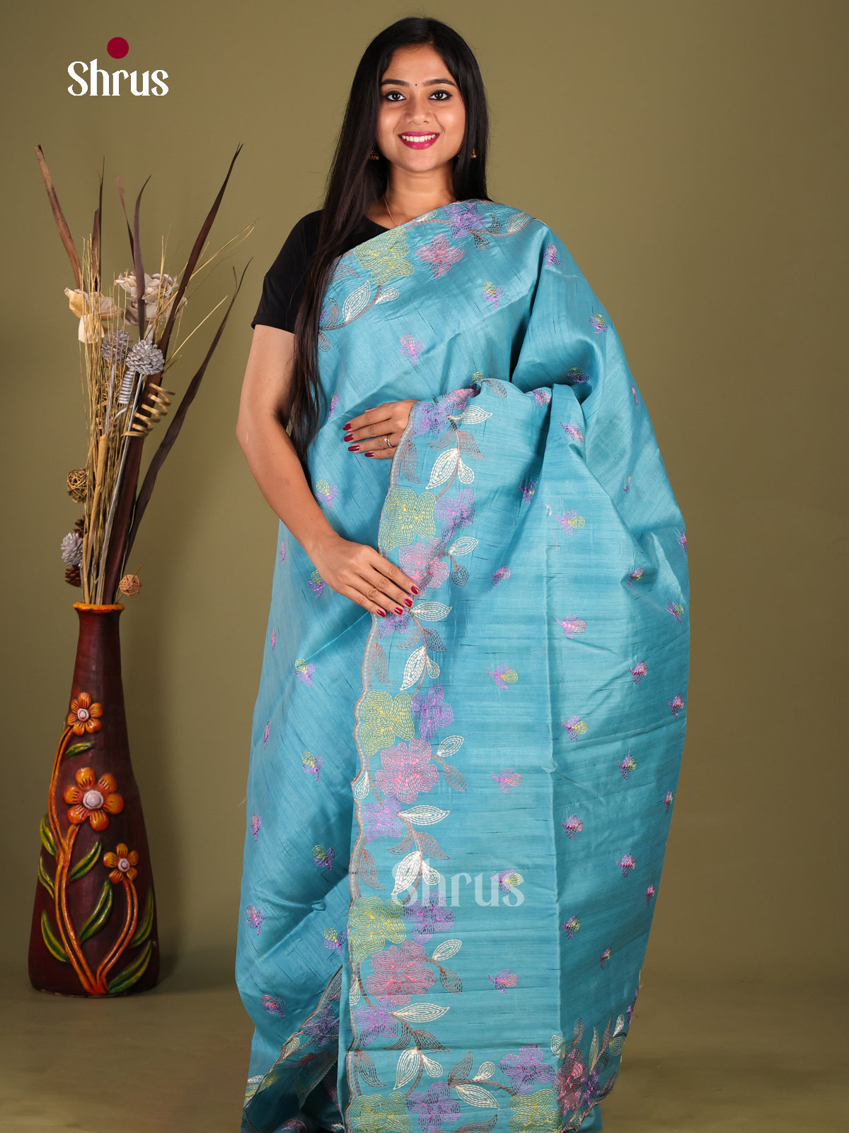 Blue- Semi Rawsilk Saree