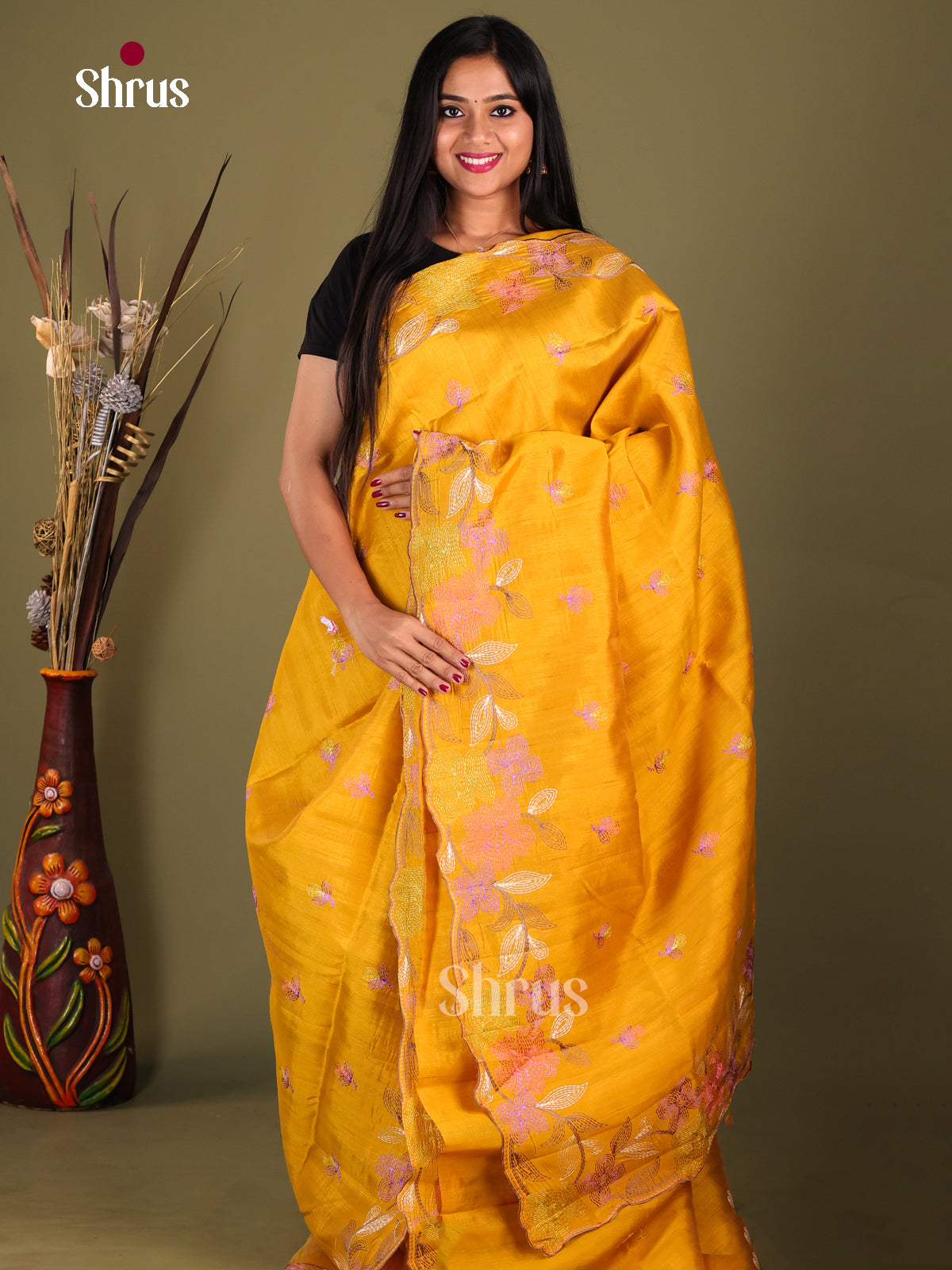 Mustard - Semi Rawsilk Saree - Shop on Shrus.com