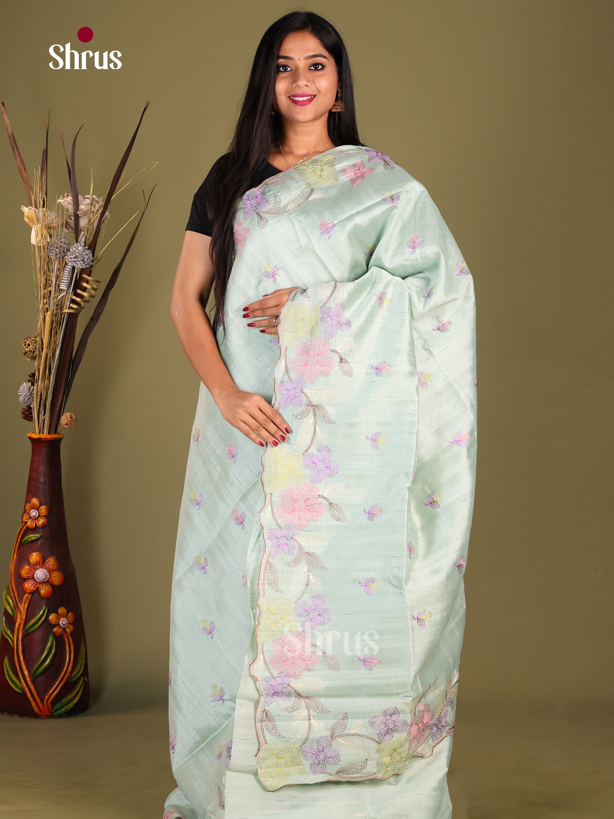 Pastel Green - Semi Rawsilk Saree - Shop on Shrus.com