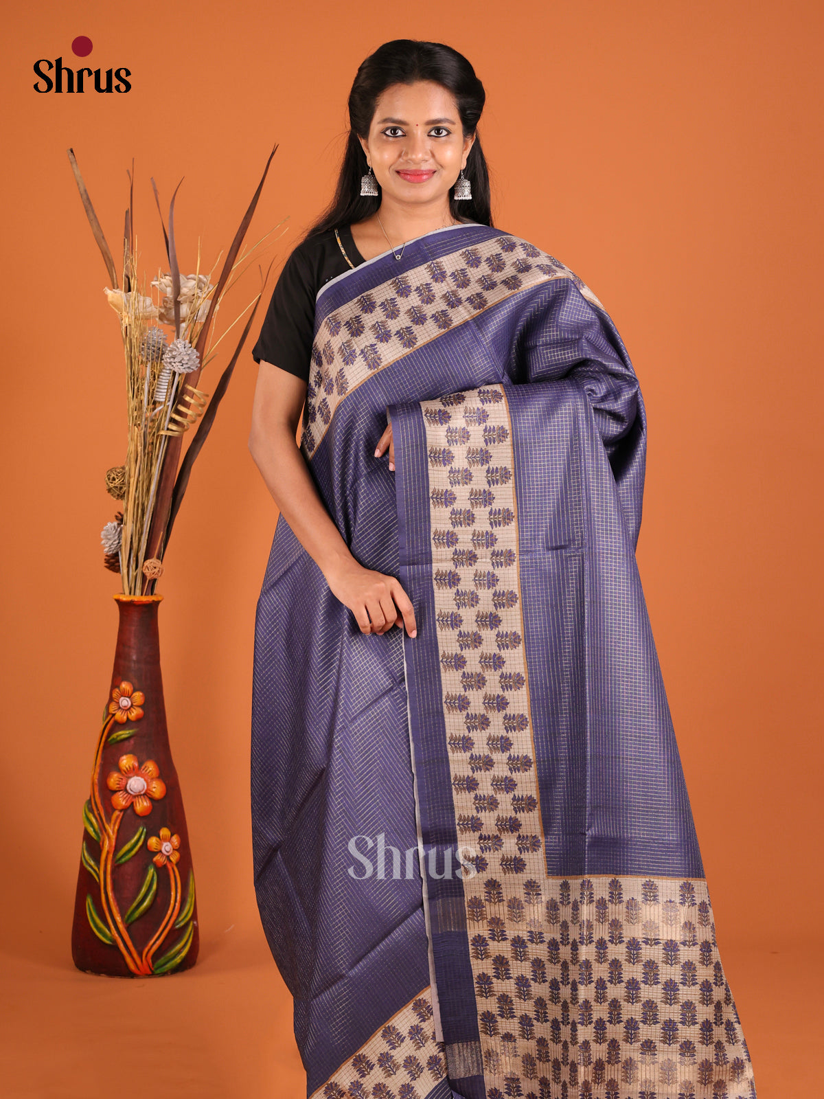 Blue & Cream - Semi Tussar Saree