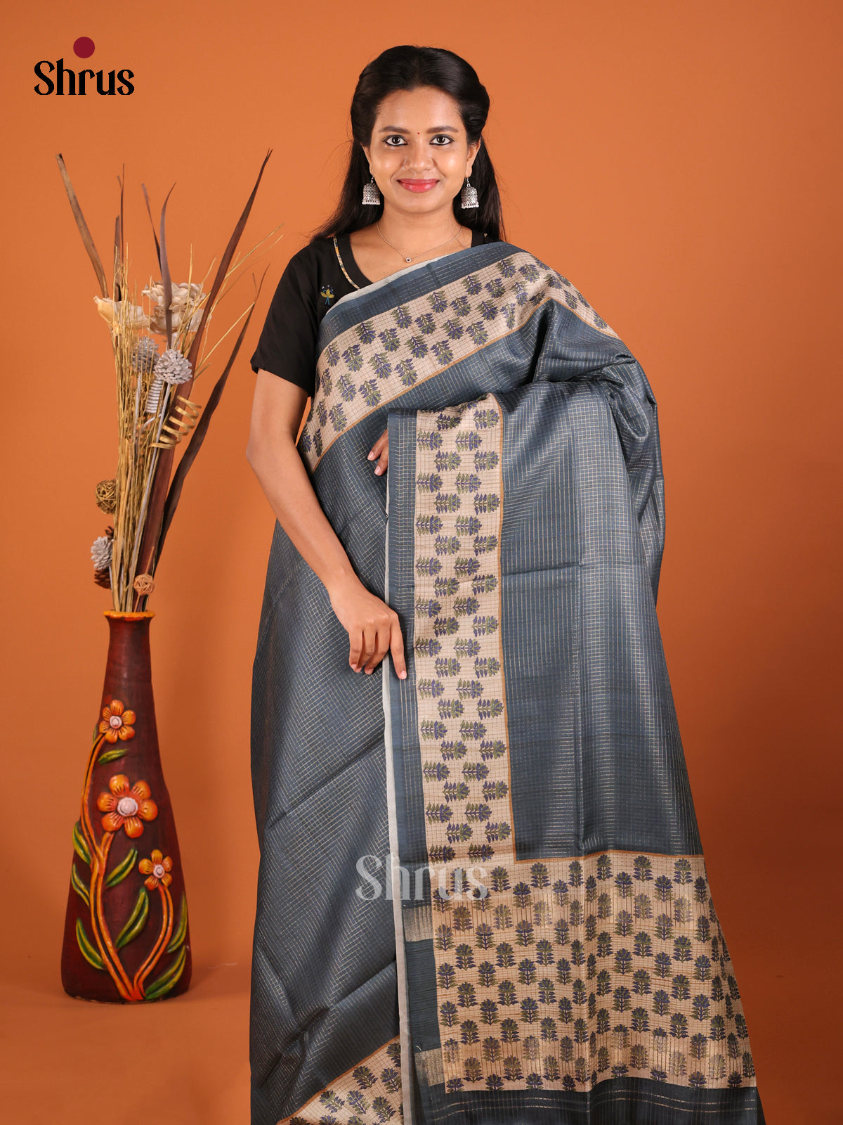 Blue & Beige - Semi Tussar Saree