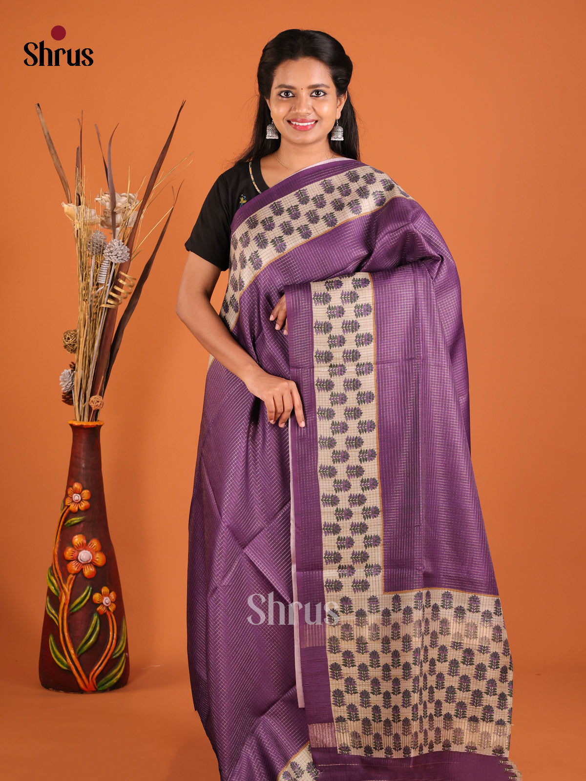Violet & Cream - Semi Tussar Saree